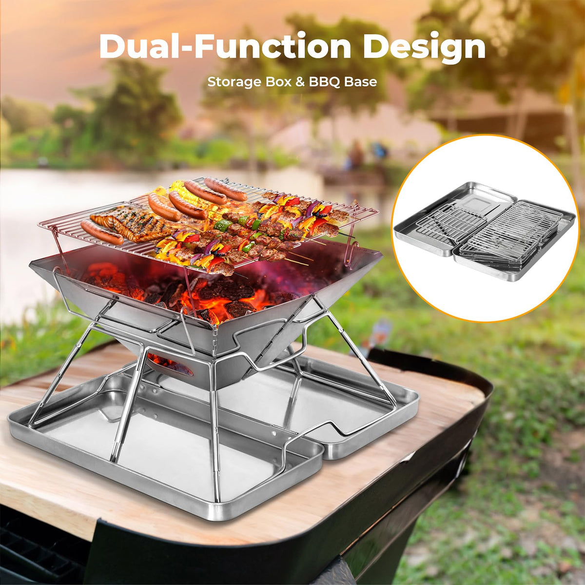 Moyasu Silver Folding Charcoal BBQ Grill | Portable Camping NEW