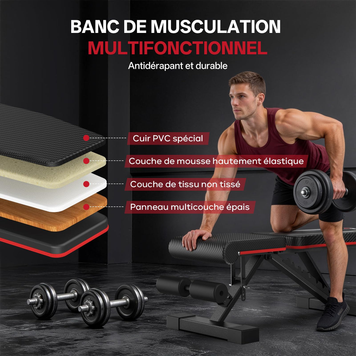 PASYOU Foldable Weight Bench Black Red 300kg Capacity Adjustable DEMO