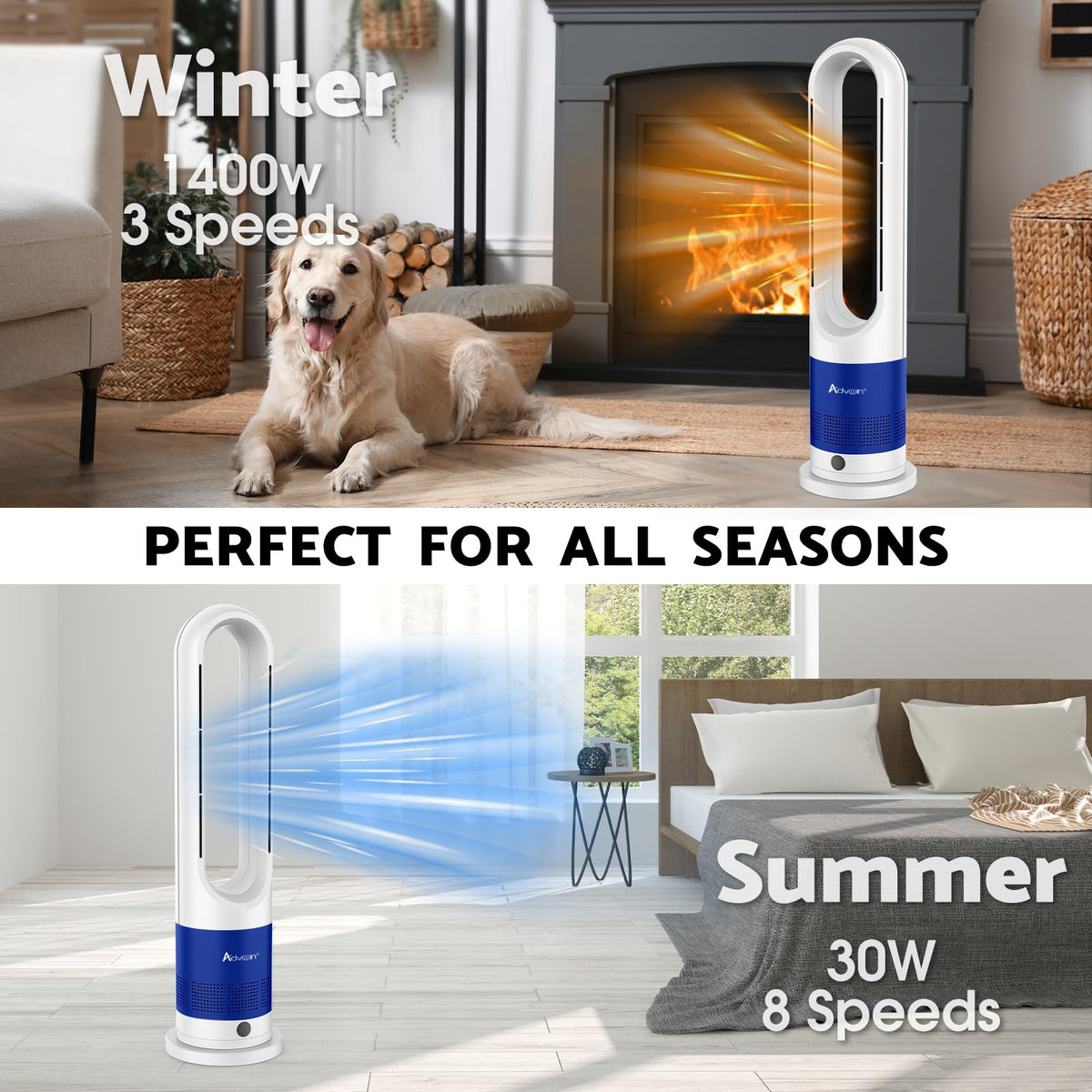 ADVWIN Bladeless Tower Fan Heater 2 in 1 Blue & White Cooling DEMO