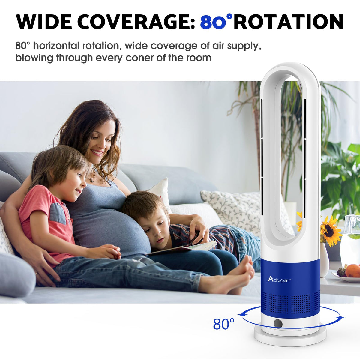 ADVWIN Bladeless Tower Fan Heater 2 in 1 Blue & White Cooling DEMO