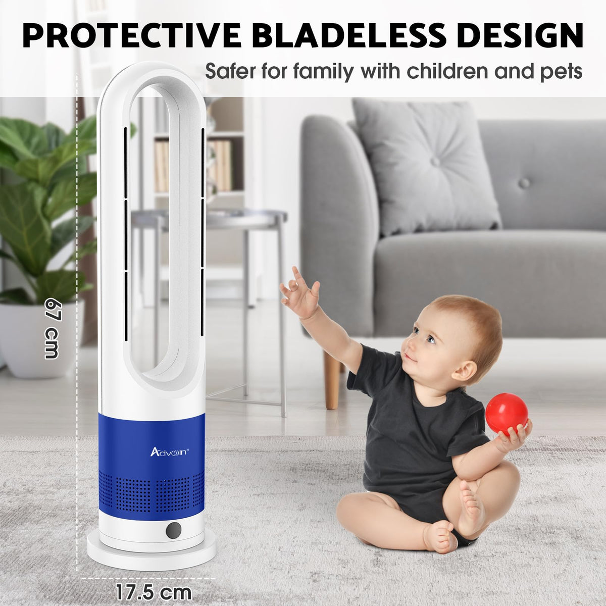 ADVWIN Bladeless Tower Fan Heater 2 in 1 Blue & White Cooling DEMO