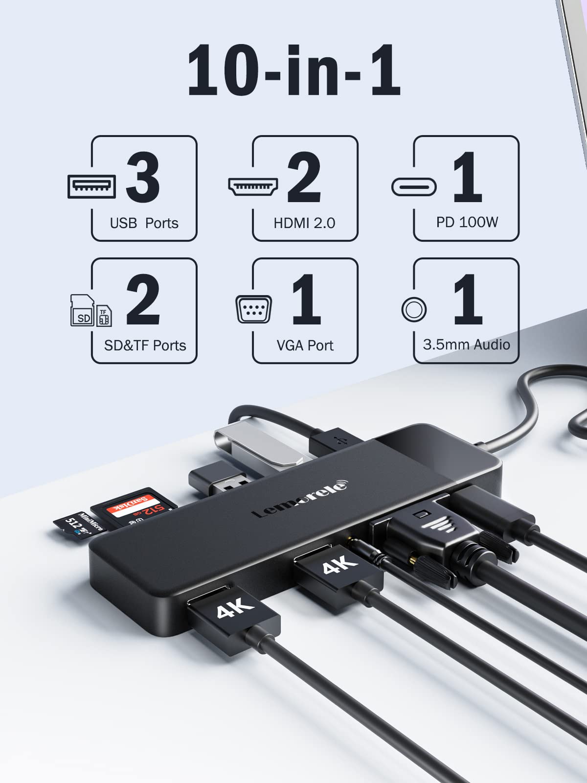 Lemorele USB C Docking Station Triple Display 10-in-1 Black DEMO