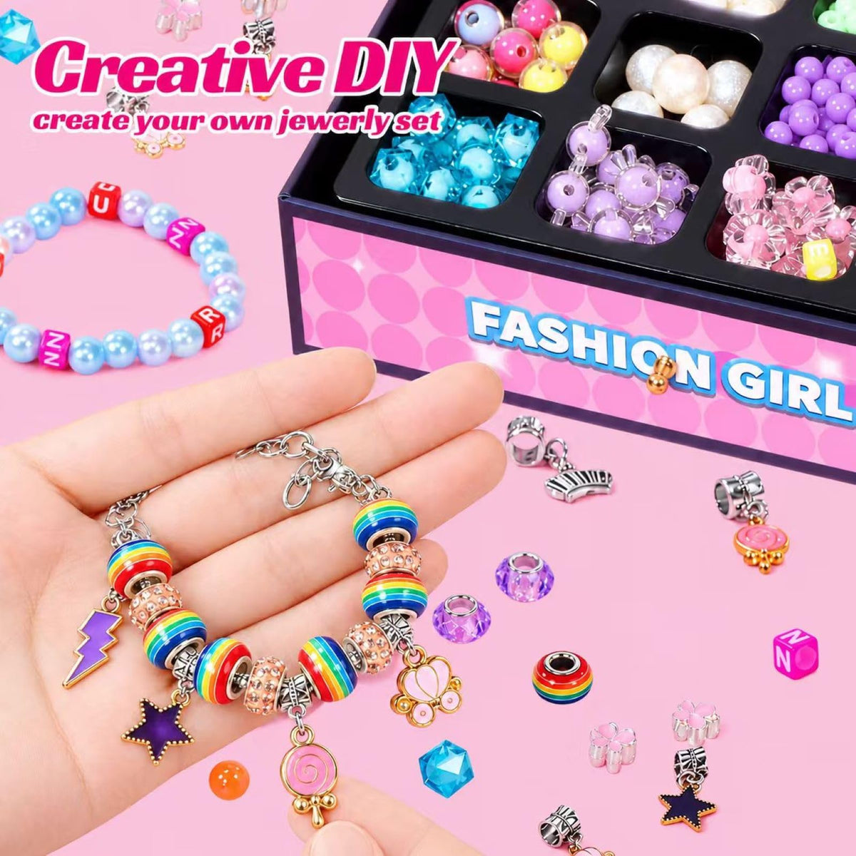 DIY Jewellery Making Kit Charm Bracelet Set - Pink NEW