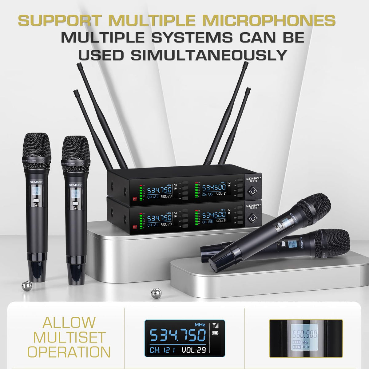 STABCL Dual Microphone Wireless System UHF Auto Scan Black Set NEW