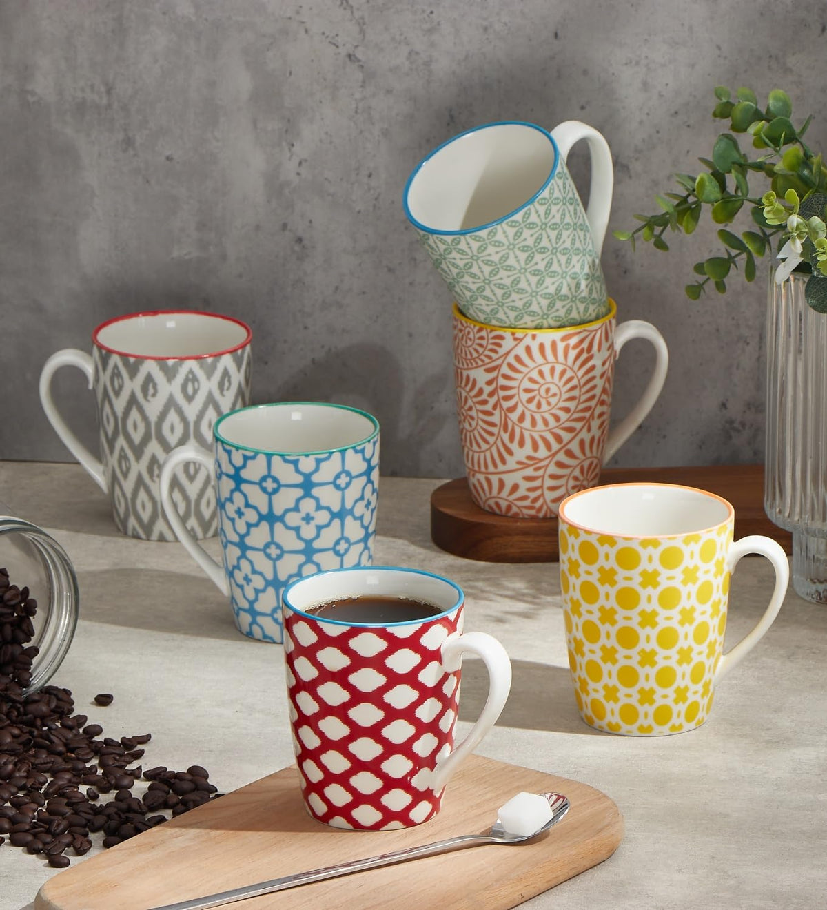 ONEMORE Ceramic Coffee Cups Set of 6 - 12oz Assorted Color Mugs NEW