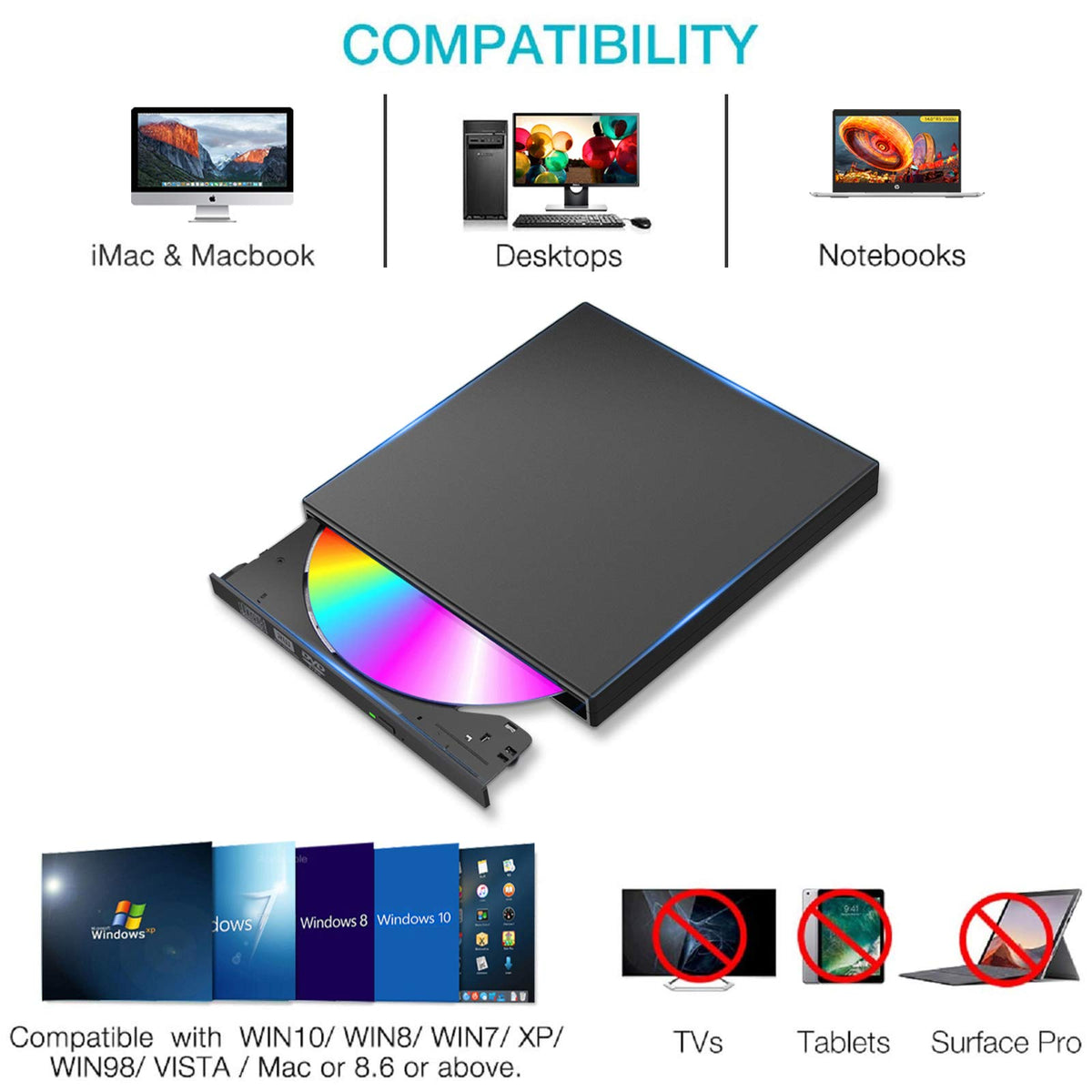 Slim Portable DVD Players External CD DVD Drive Rewriter Burner - Black NEW