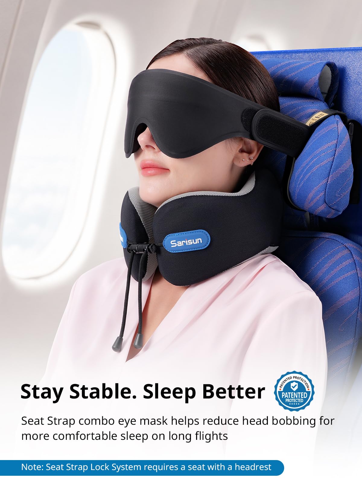 SARISUN Travel Neck Pillow Memory Foam with 3D Eye Mask - Black DEMO