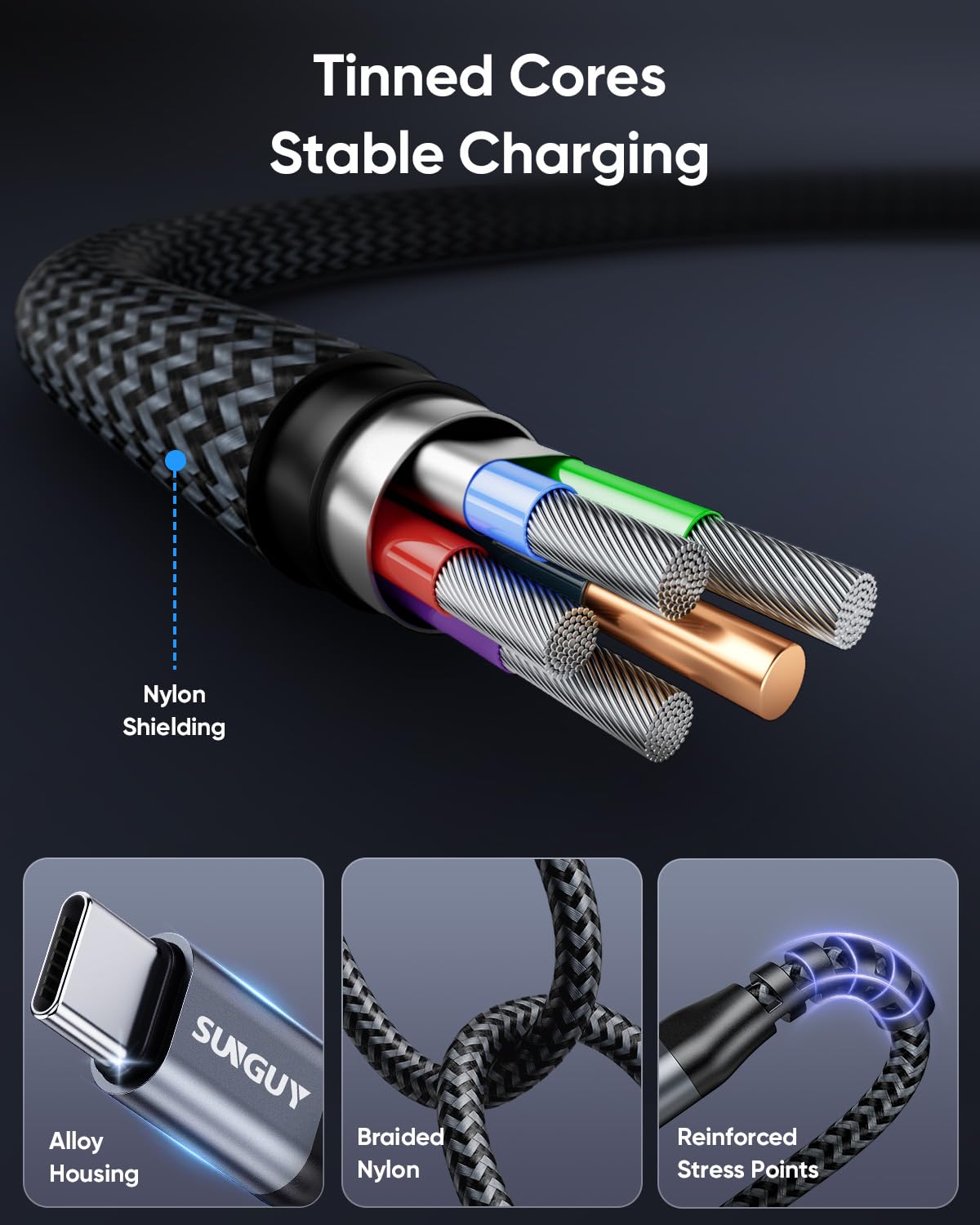 SUNGUY USB-C Lightning Cable 1.5M Fast Charging Grey 2-Pack Set DEMO