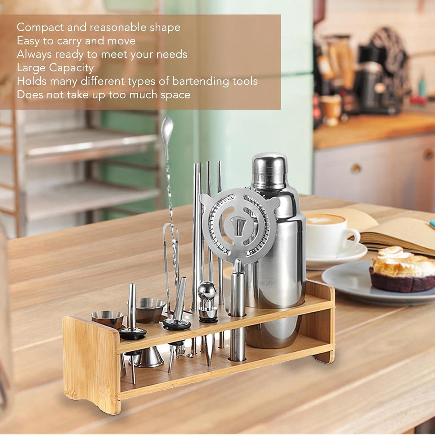 gernie Cocktail Shaker Set with Wooden Stand, Bartender Tool Holder, Light NEW