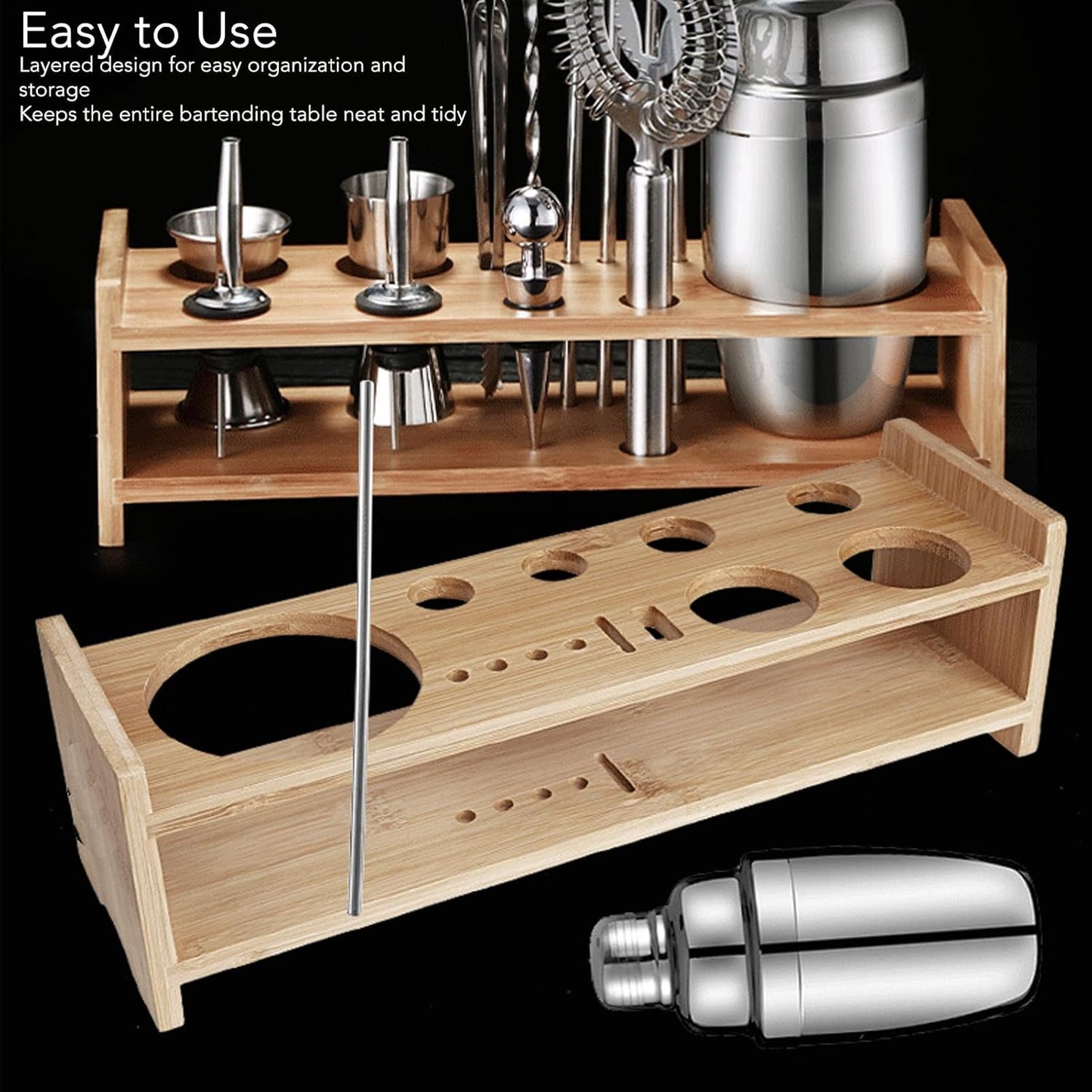 gernie Cocktail Shaker Set with Wooden Stand, Bartender Tool Holder, Light NEW