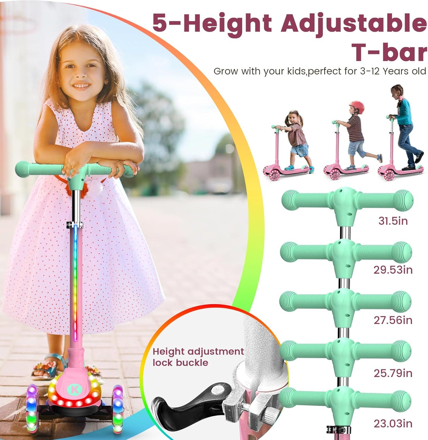 KIDSCOTER Foldable Scooters Scooter with Light-Up Handlebars for Kids, Pink NEW