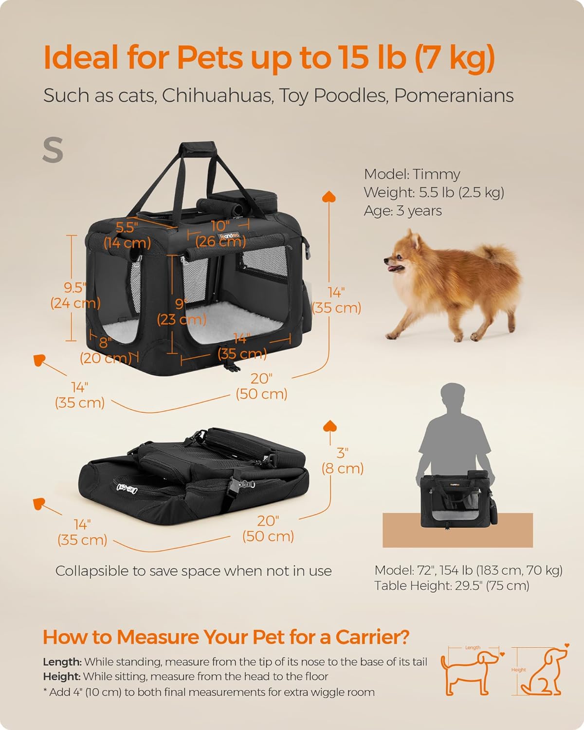 Feandrea Collapsible Pet Carrier Soft Dog Crate Oxford Fabric PVC Coating XL NEW