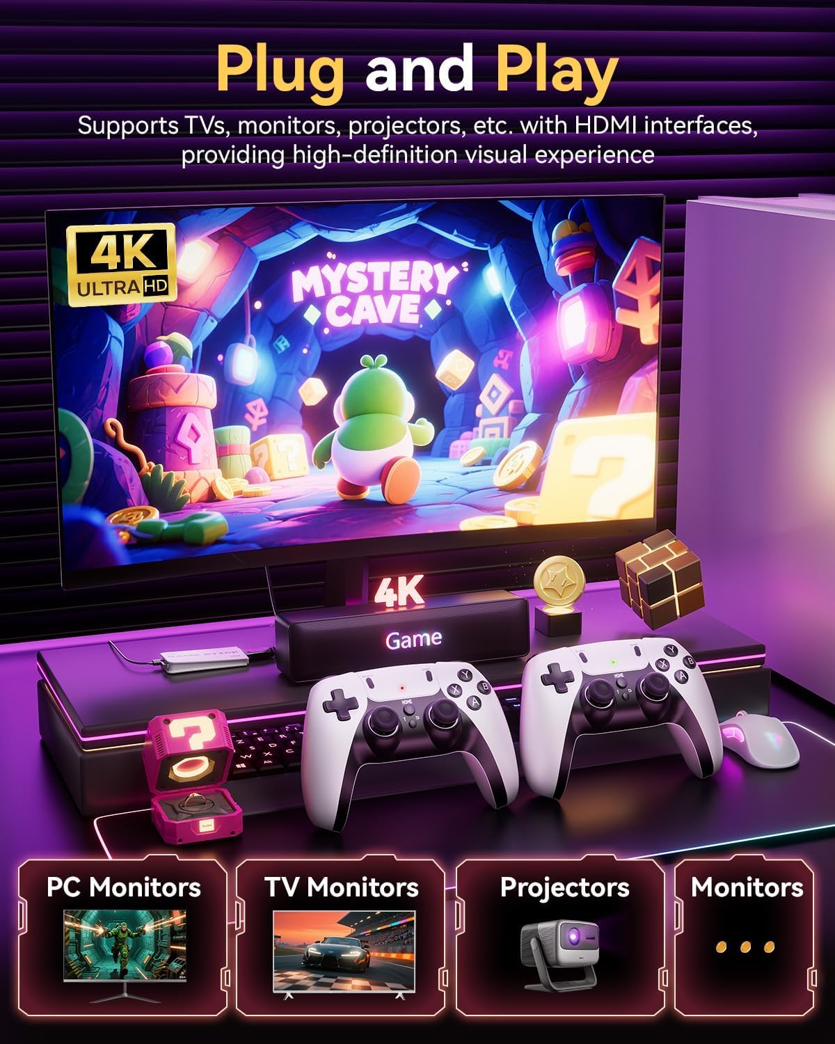 Retro Game Console Stick 4K HDMI Built-in 18 Emulator Classic Video White NEW