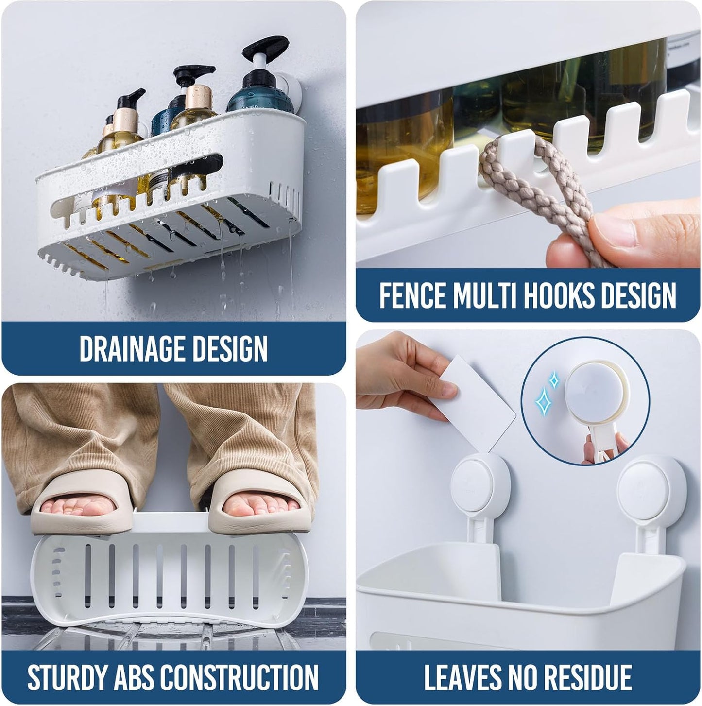 Bathroom Organizer Suction Cup Shower Caddy Removable White 27.4x9.4x7.4cm DEMO