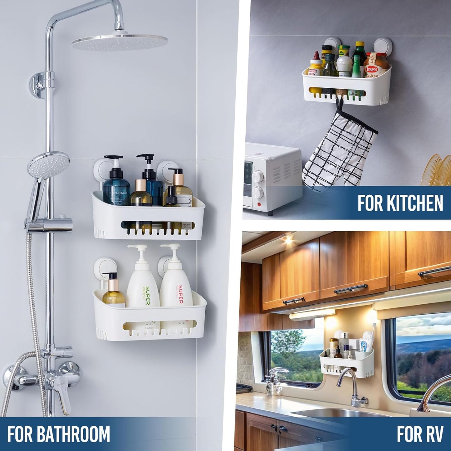 Bathroom Organizer Suction Cup Shower Caddy Removable White 27.4x9.4x7.4cm DEMO