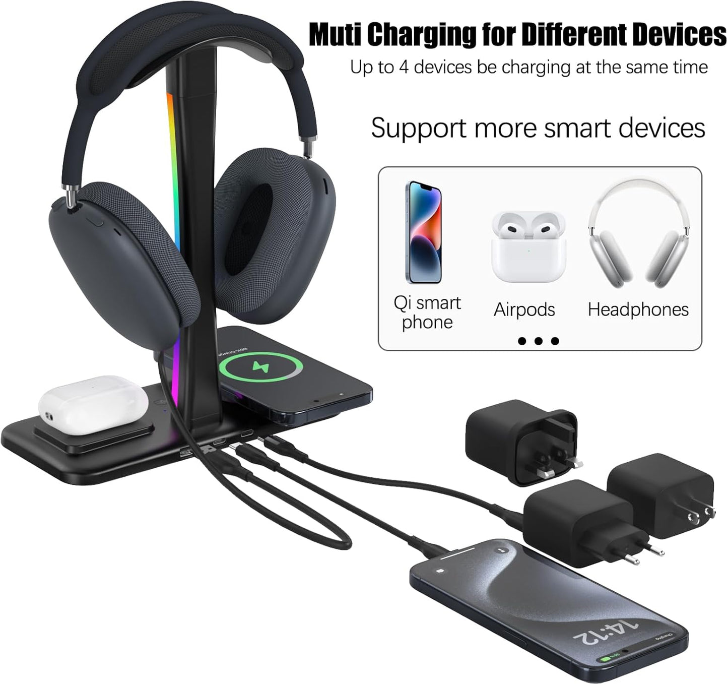 Wireless Charging Headphone Stand with RGB Lighting in Black NEW