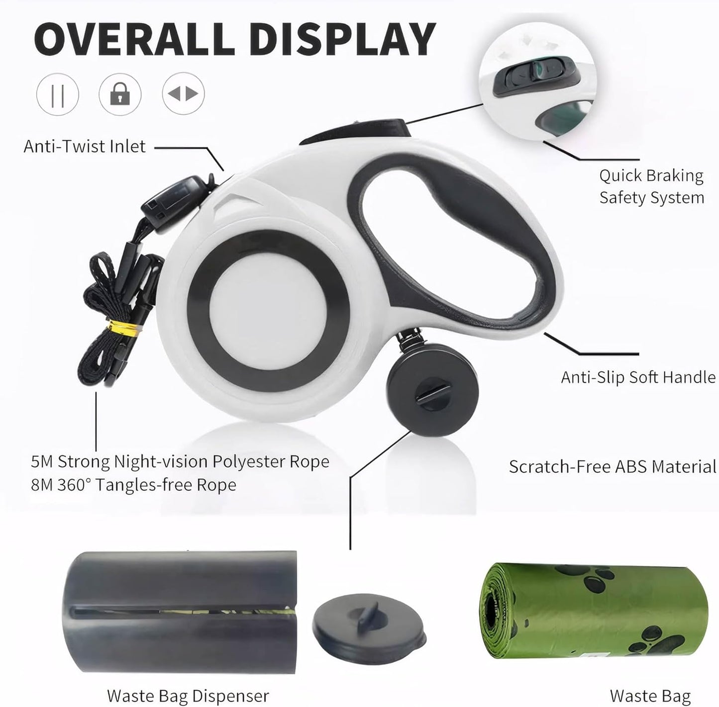Retractable Dog Leash Lead Dispenser Reflective Nylon Rope Black Large 5m NEW