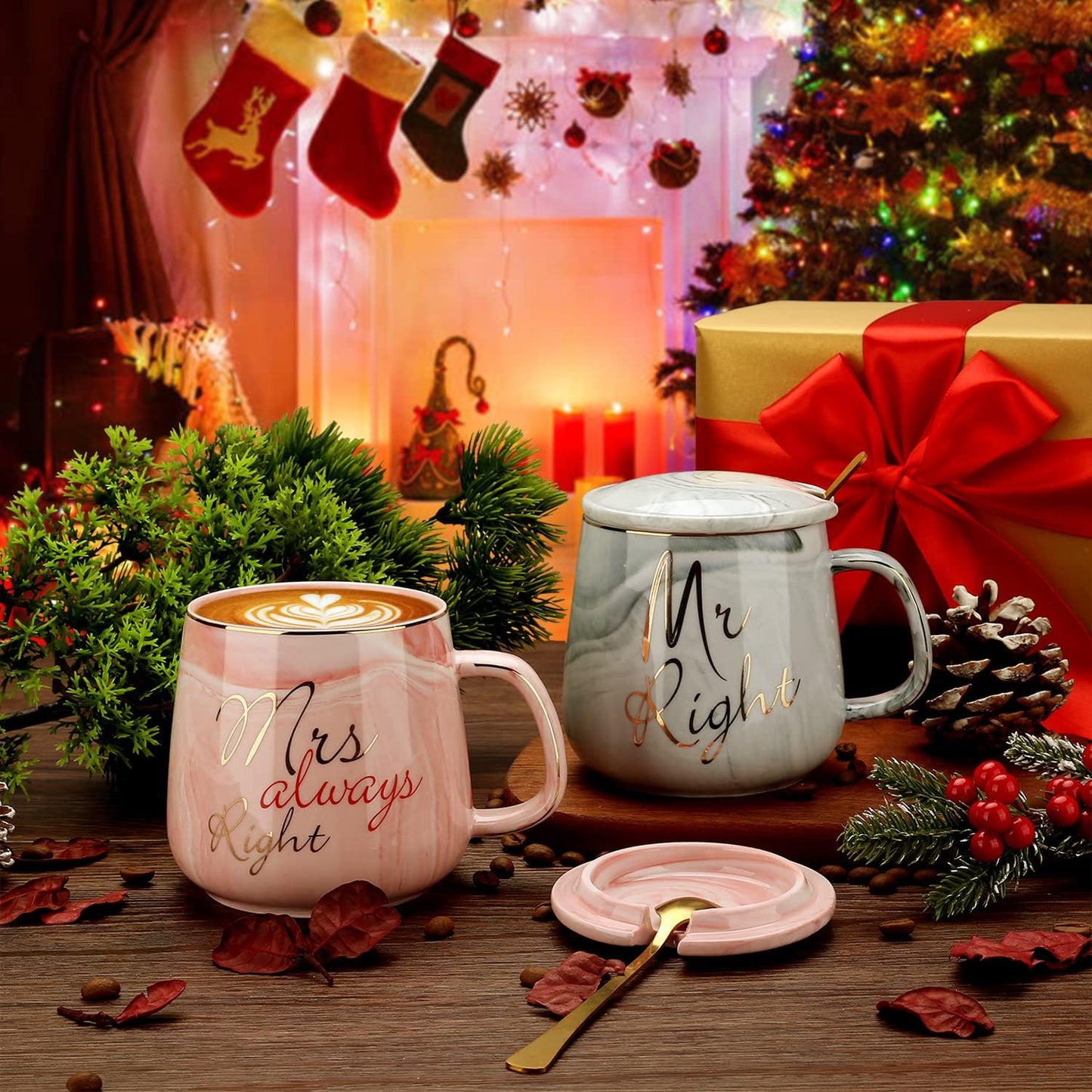 Mr and Mrs Right Pink & Grey Ceramic Coffee Mugs Set of 6 13oz Couples Cups NEW