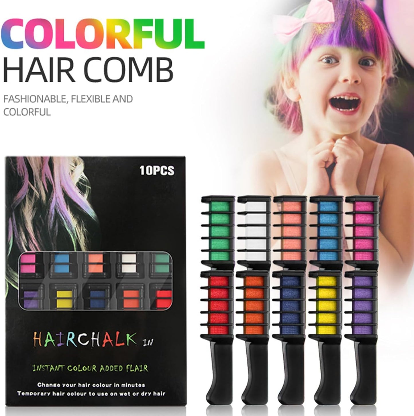 Vibrant Multicolour Hair Chalk Comb Set - 10 Temporary Chalks for DEMO