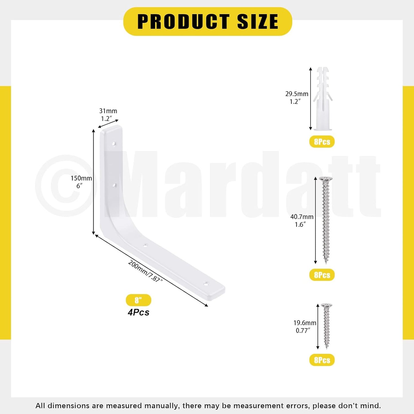 Mardatt 8" White Wall Shelf Brackets Heavy Duty Storage Organizer Shelves NEW