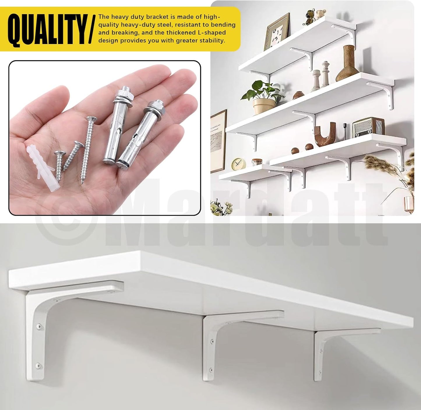 Mardatt 8" White Wall Shelf Brackets Heavy Duty Storage Organizer Shelves NEW