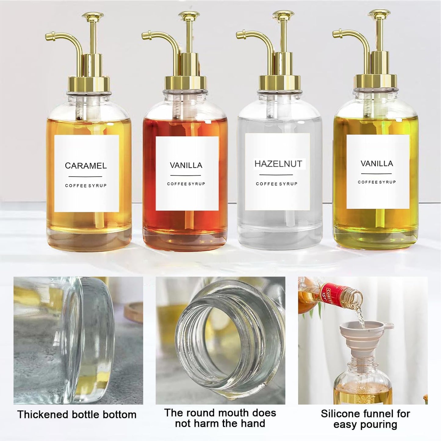 Transparent Glass Food Dispensers Set of 4 Syrup Containers 500ml NEW