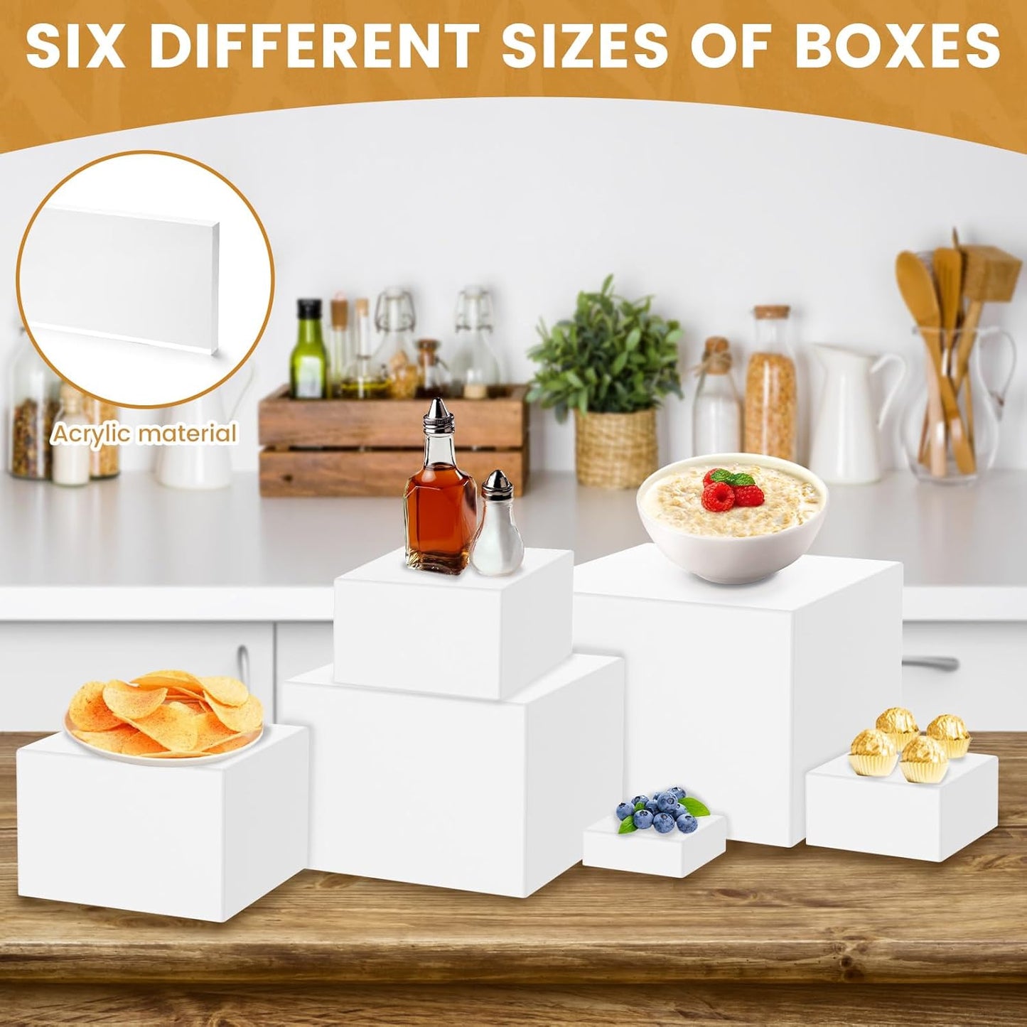 Acrylic Display Risers Square Buffet Stands Food Jewelry Showcase White DEMO