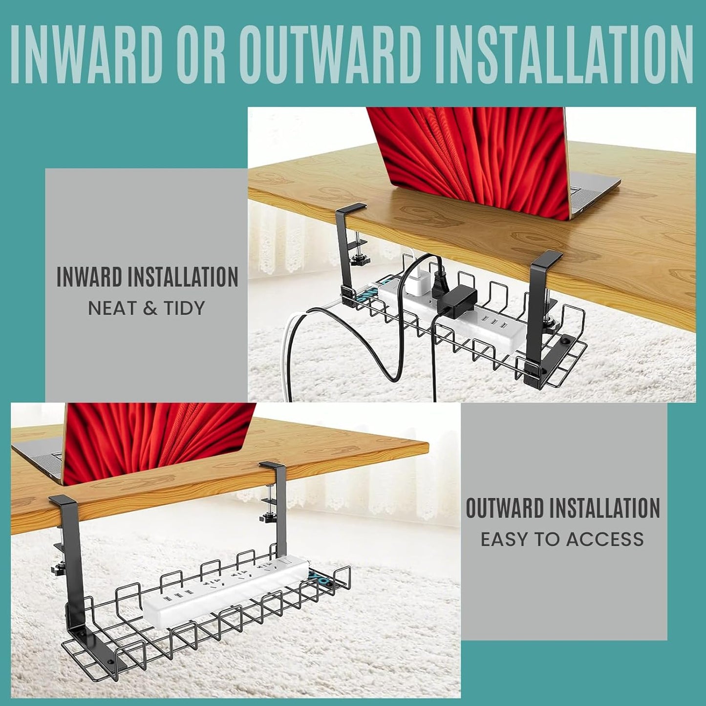 Sturdy Metal Cable Organizer Tray Desk Cord Management Black Size 40x12cm DEMO