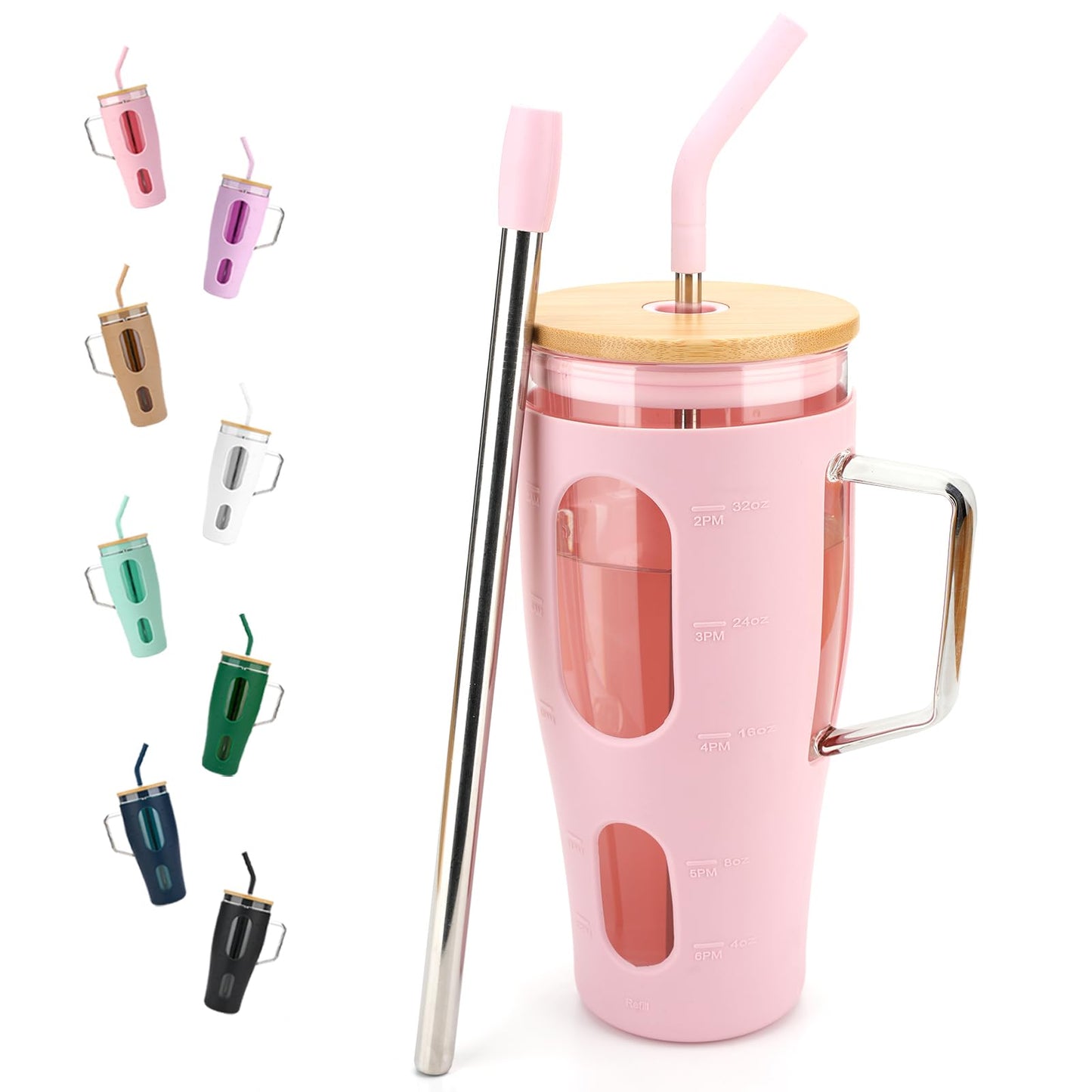 Tronco 32oz Glass Tumbler with Bamboo Lid Straw Reusable Borosilicate NEW