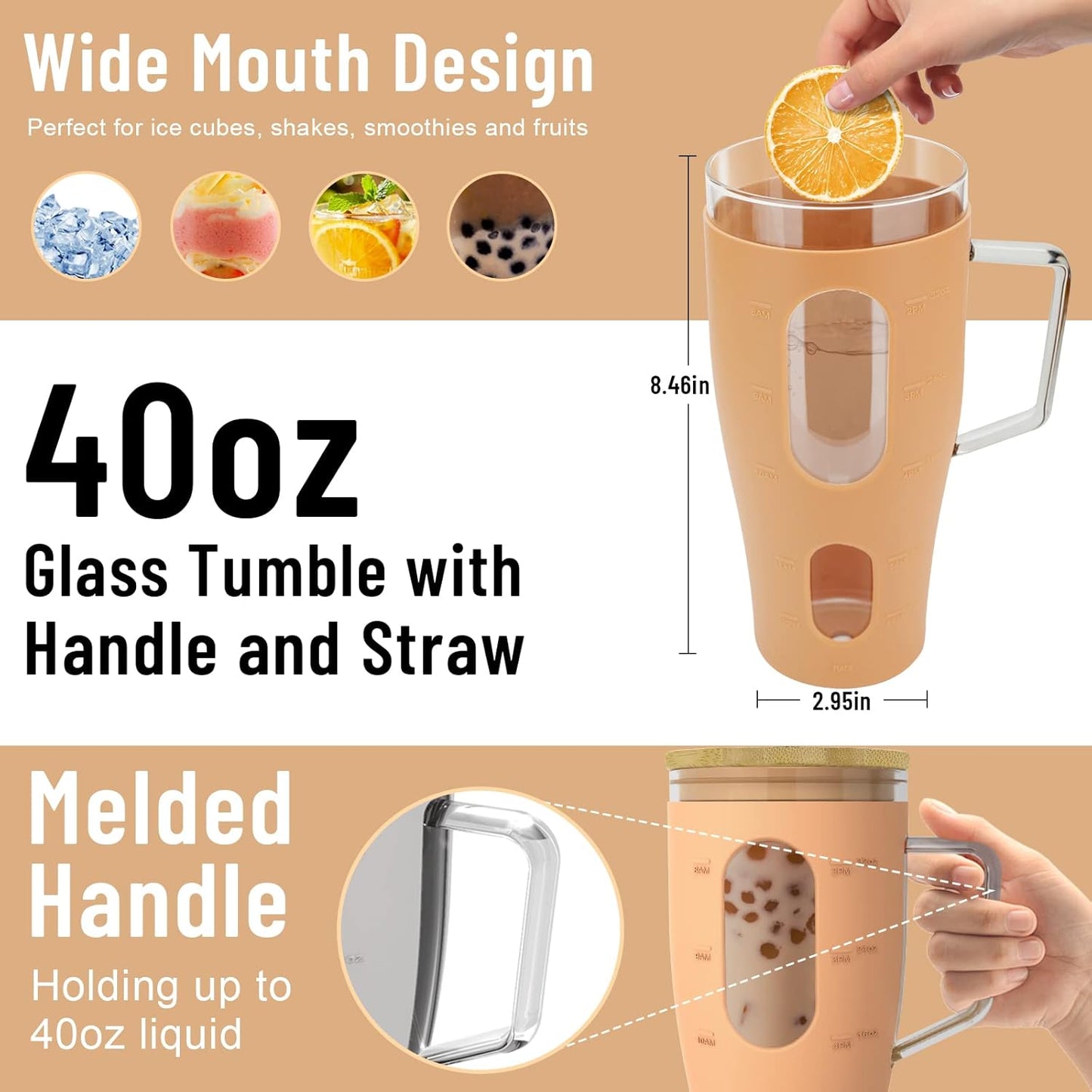 Tronco 32oz Glass Tumbler with Bamboo Lid Straw Reusable Borosilicate NEW