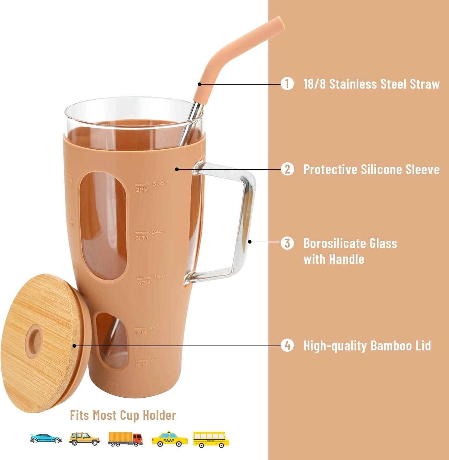 Tronco 32oz Glass Tumbler with Bamboo Lid Straw Reusable Borosilicate NEW