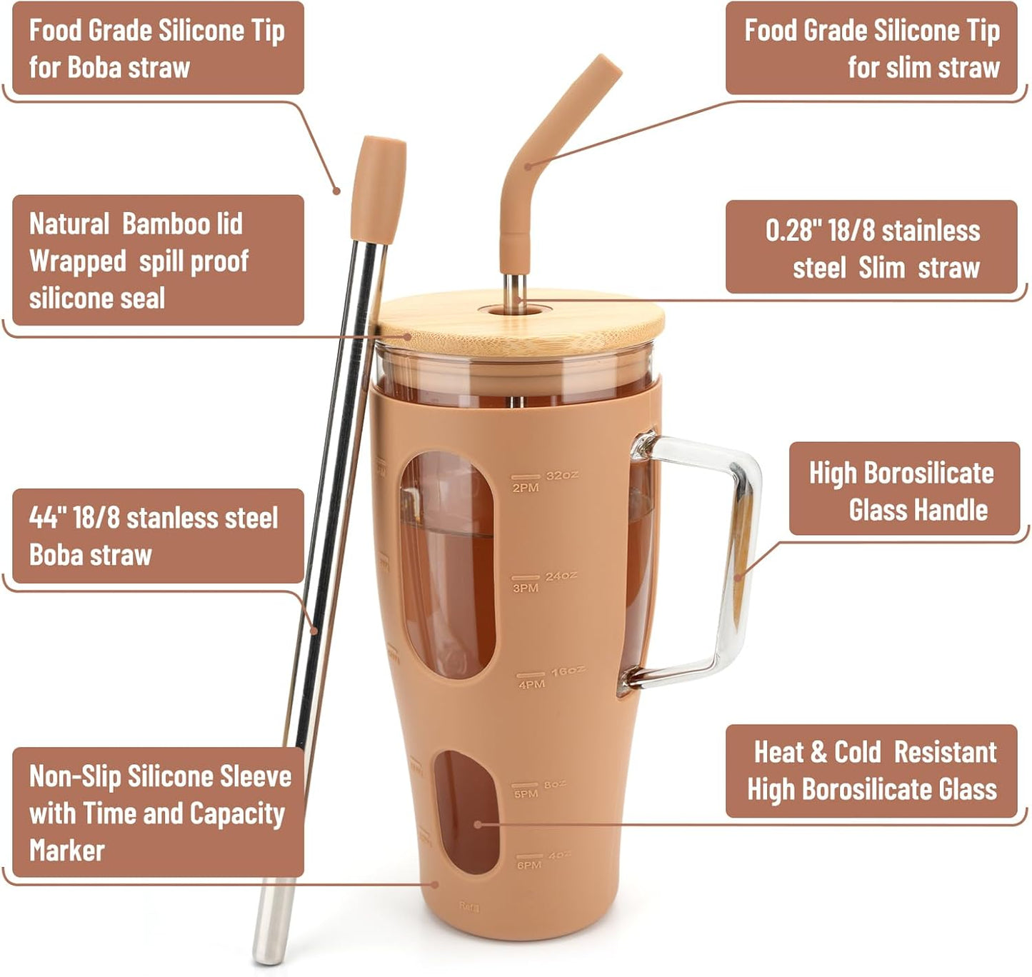 Tronco 32oz Glass Tumbler with Bamboo Lid Straw Reusable Borosilicate NEW
