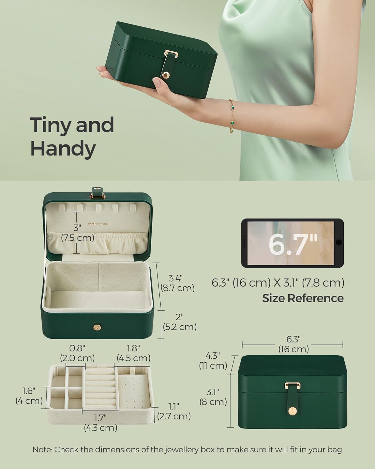 SONGMICS 2-Tier Portable Jewelry Storage Box Organizer, Forest Green, NEW