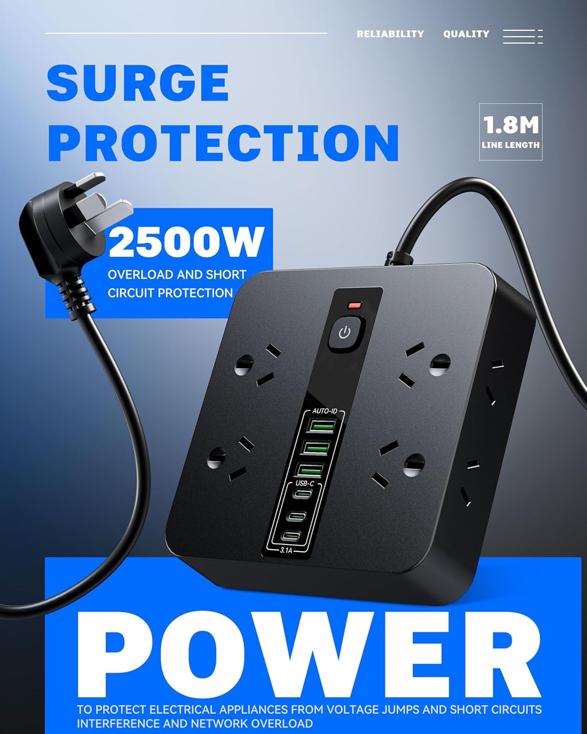 8-Outlet Power Strip with 6 USB Ports (3 USB-C) Electrical Charging Black NEW