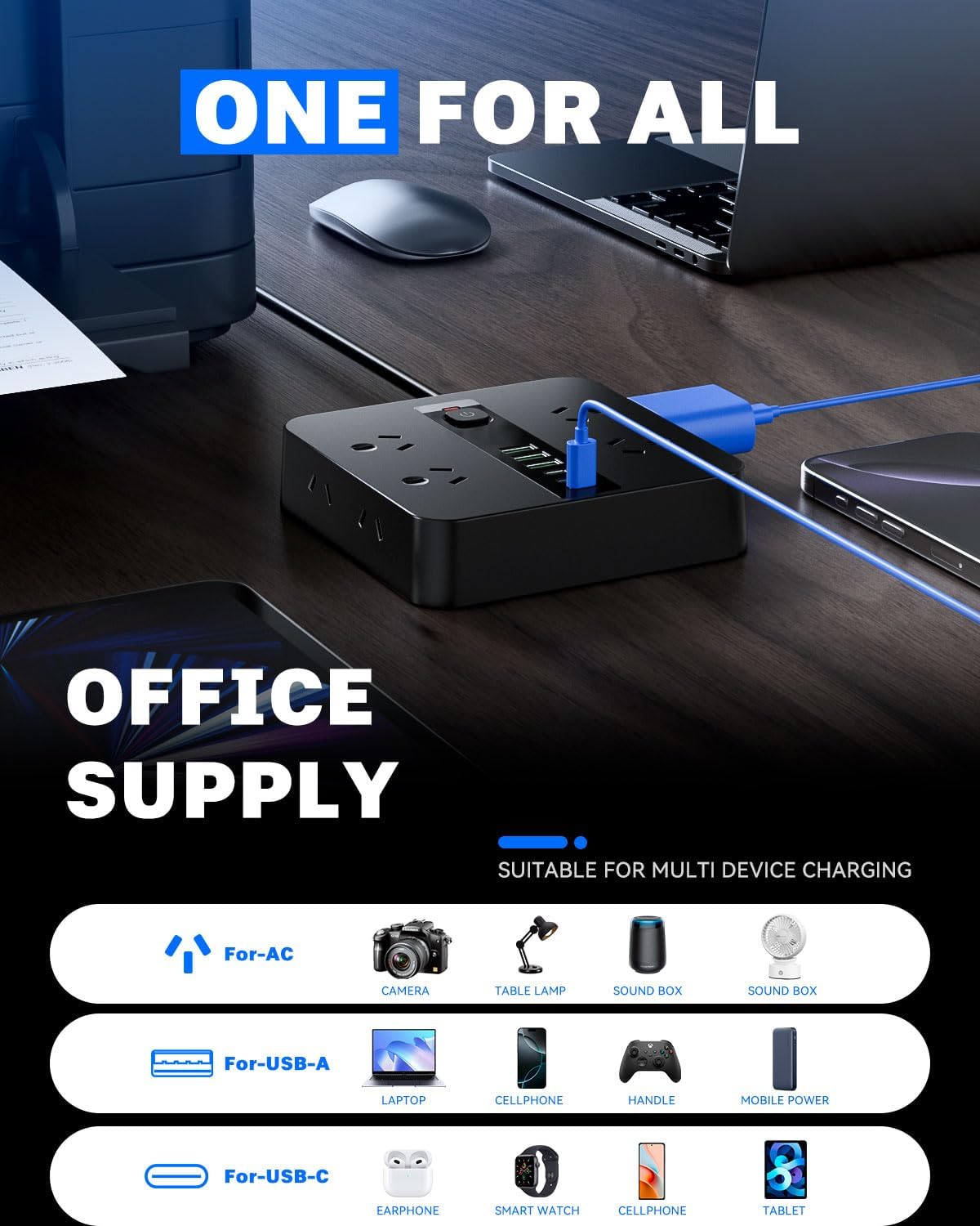 8-Outlet Power Strip with 6 USB Ports (3 USB-C) Electrical Charging Black NEW