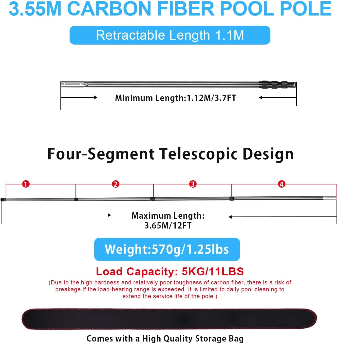 DOBEN 12ft Telescoping Swimming Pool Cleaning Pole Carbon Fiber Dark Grey NEW