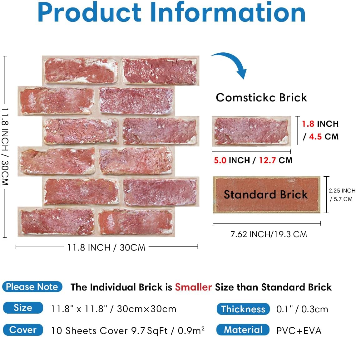 COMSTICKC 3D Red Brick Peel and Stick Wall Tiles, 12" x 10 Pieces, NEW