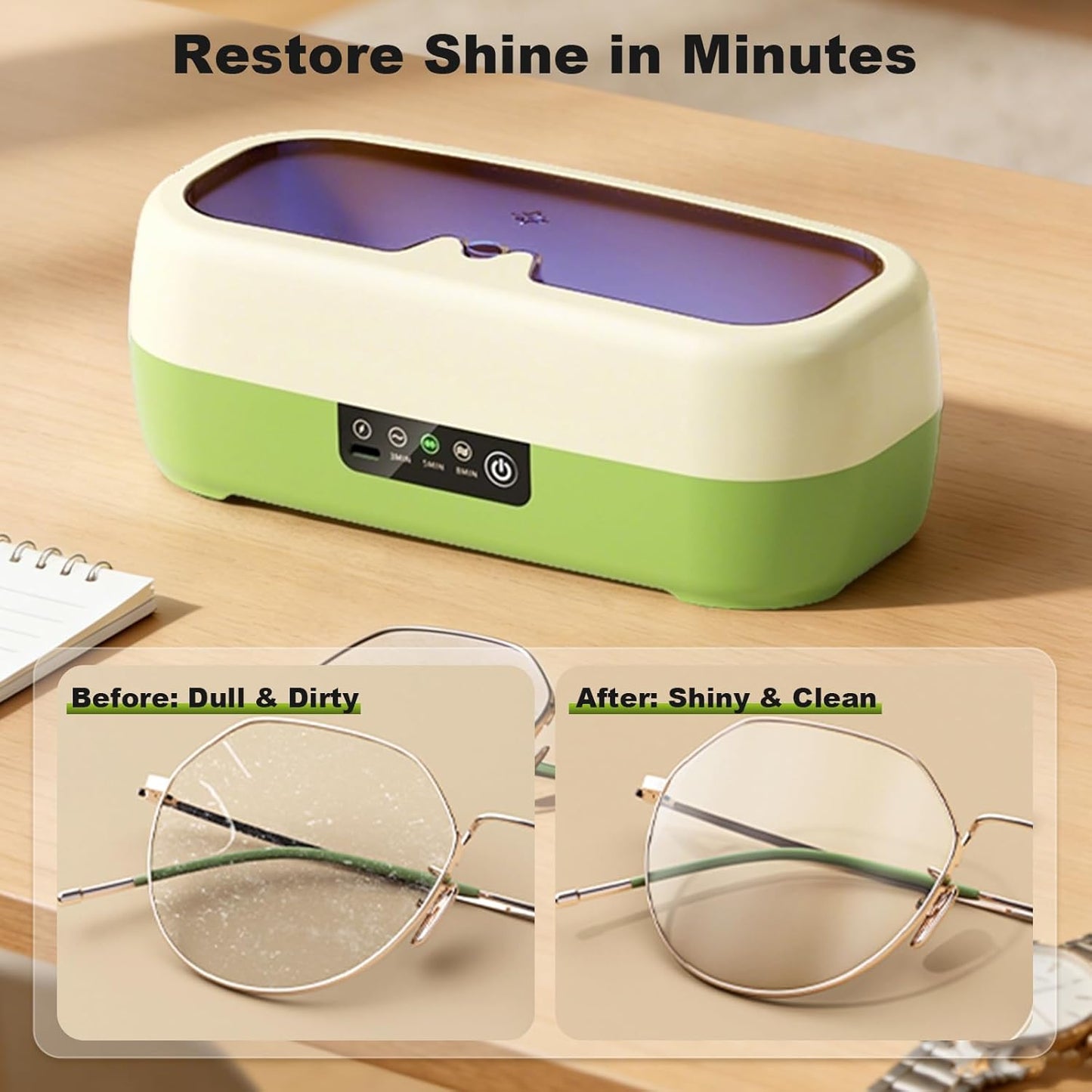Ultrasonic Jewelry Cleaning Device, 350ml White & Green, 48KHz Cleaner Size NEW
