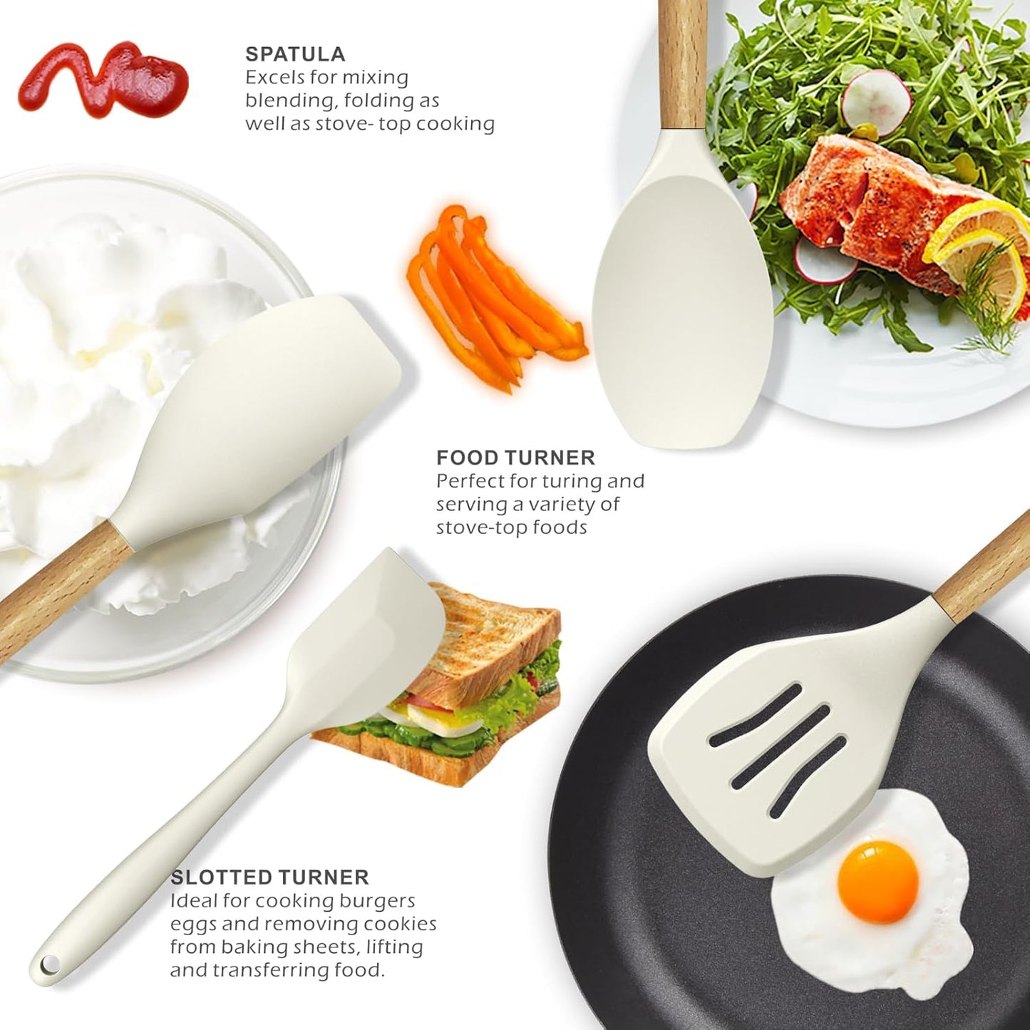 oannao 12 Inch Silicone Cooking Utensils Set Heat Resistant Kitchen NEW