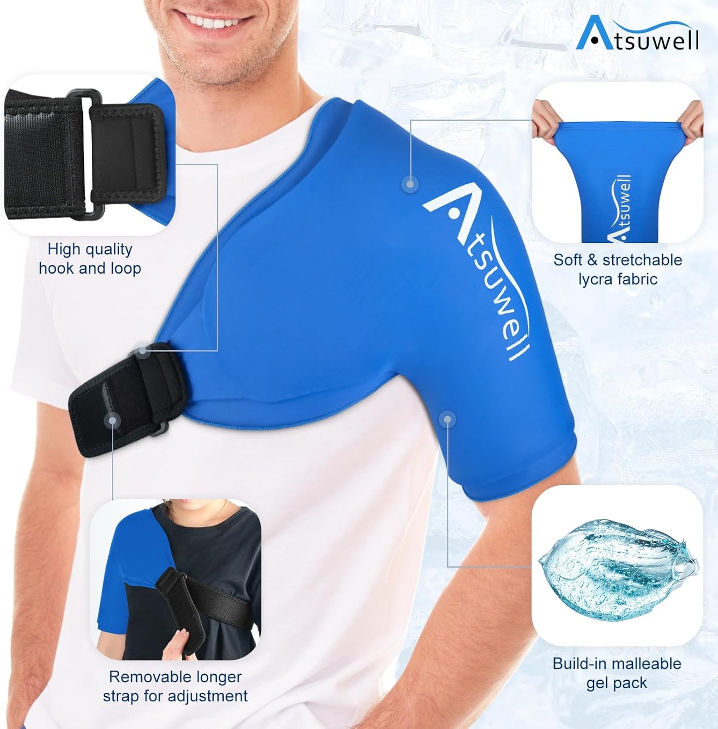 Atsuwell Extra Large Shoulder Ice Pack Wrap for Pain Relief in Blue Size NEW