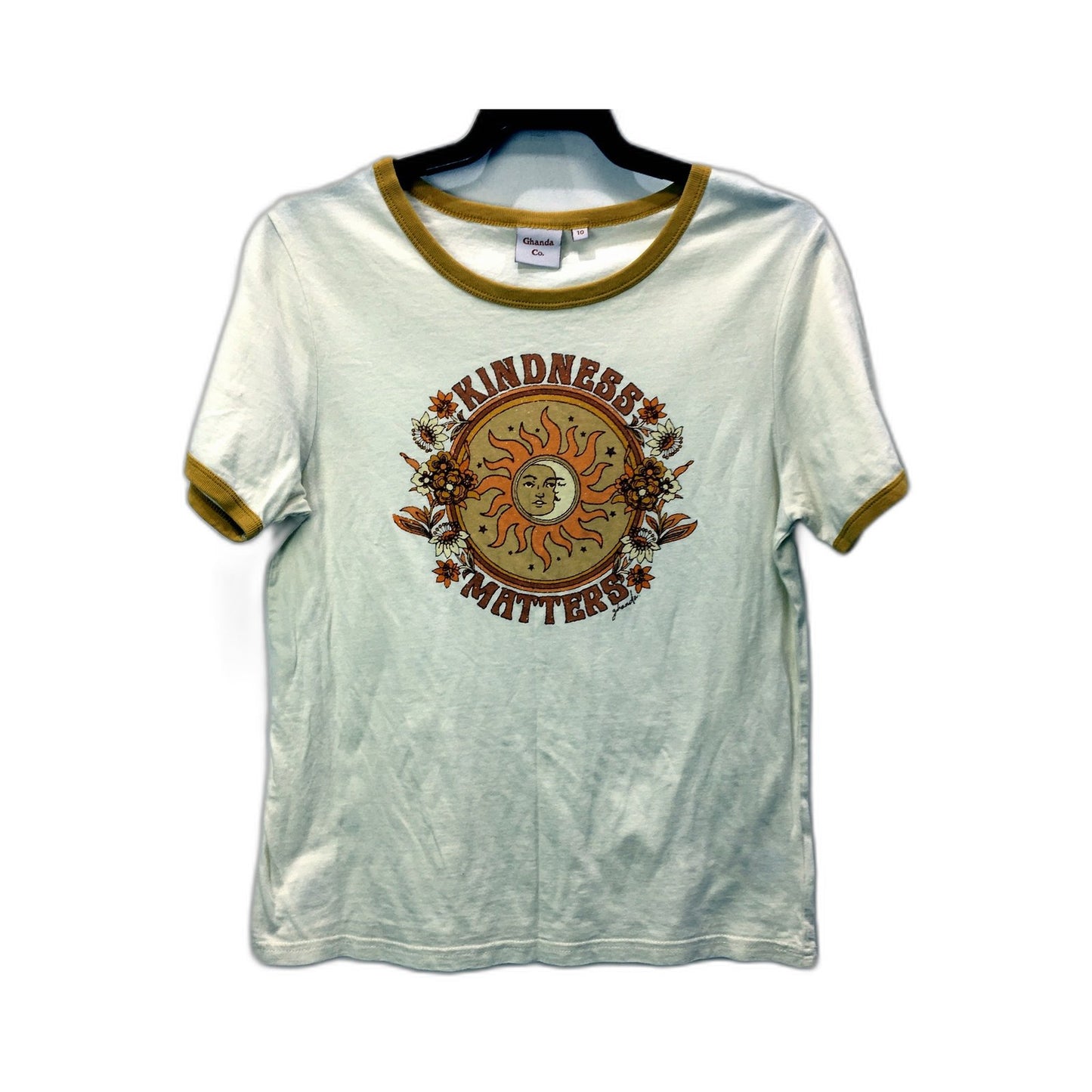 Ghanda Co. Womens Ringer T-Shirt Graphic Tee White with Mustard Trim Size 10