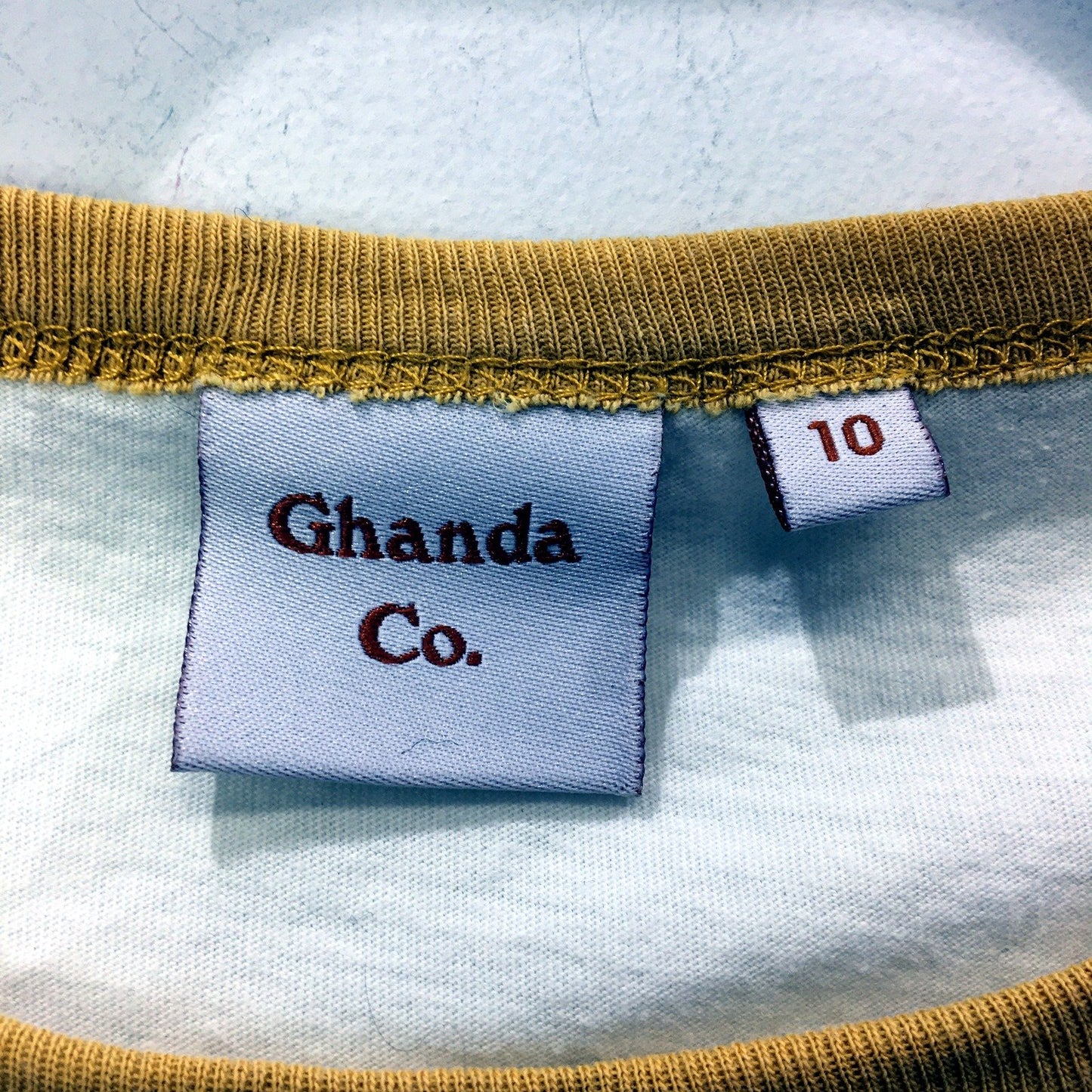 Ghanda Co. Womens Ringer T-Shirt Graphic Tee White with Mustard Trim Size 10