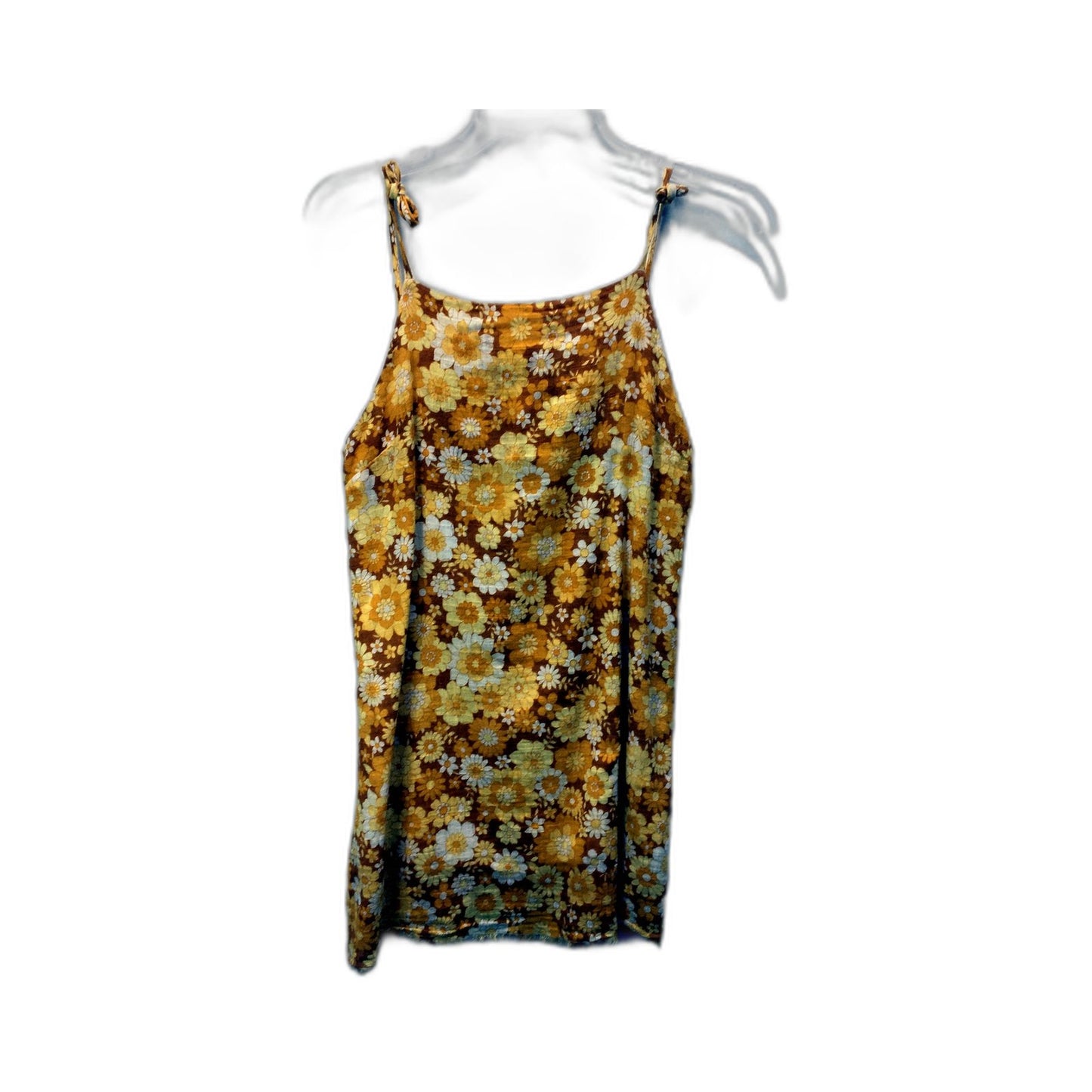 Ghanda Womens Co. Floral Print Boho Dress Yellow Brown White 100% Cotton Size XS