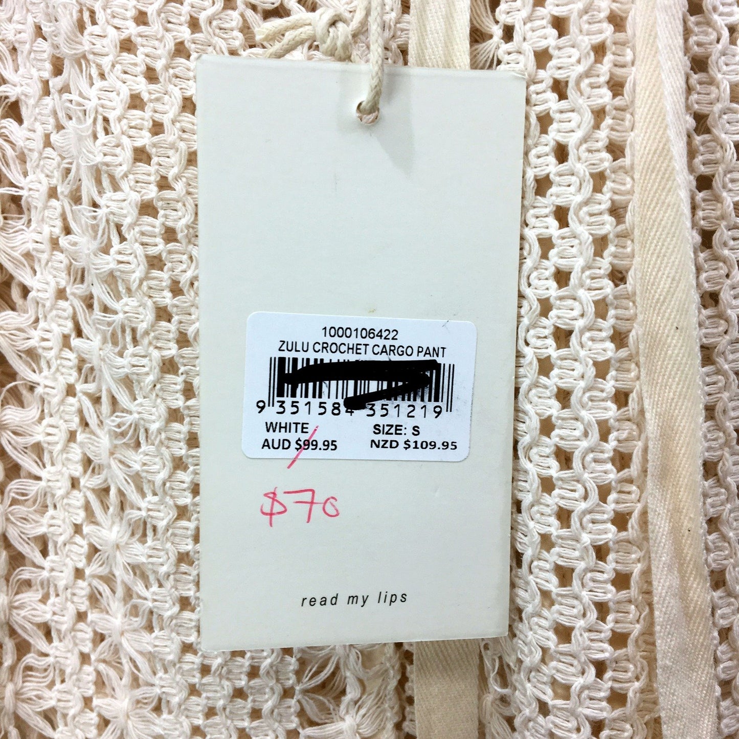 Subtitled Womens Crochet Cargo Pants in White, Size S NEW