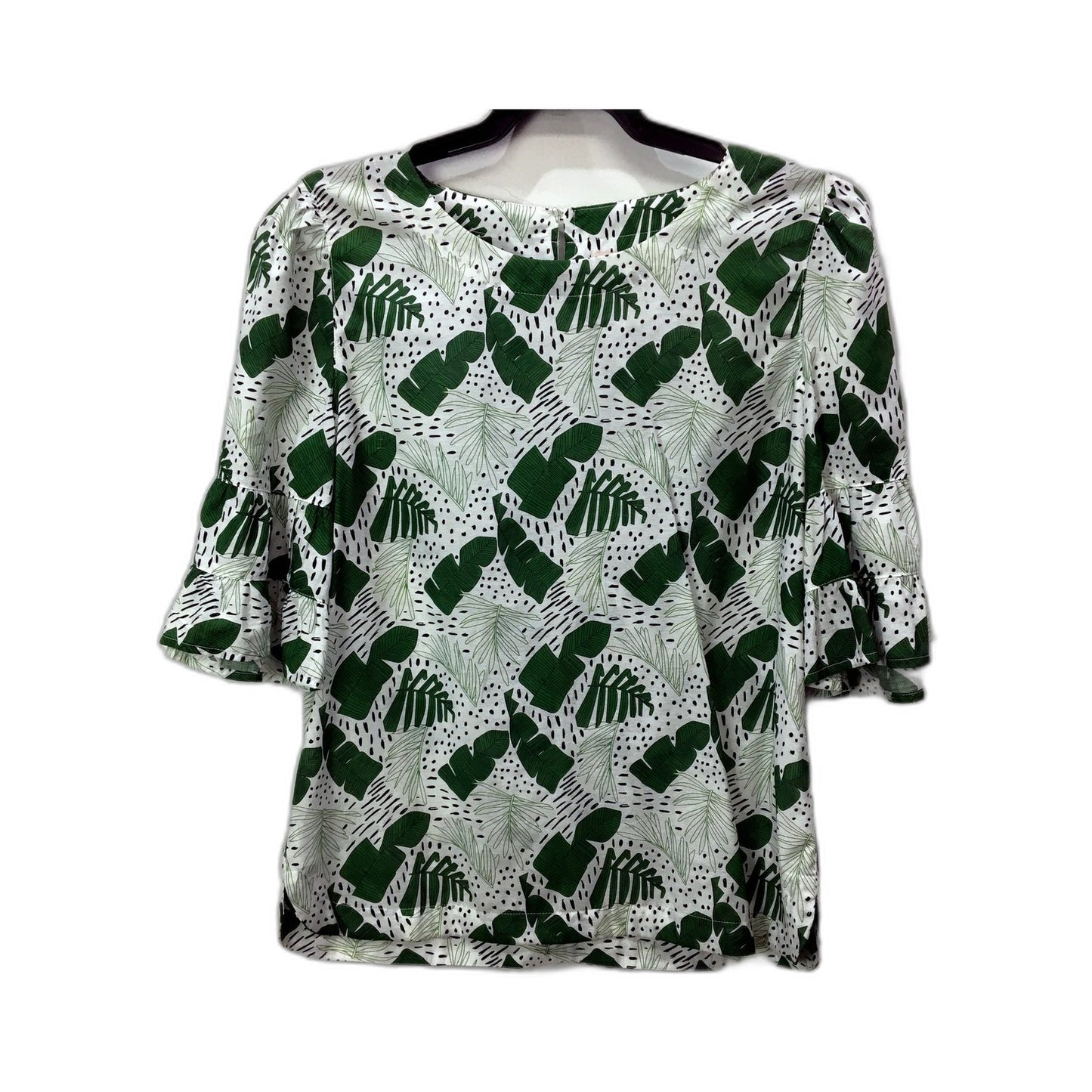 Corfu Womens Tropical Leaf Print Pullover Blouse Bell Sleeve Green White Size 10