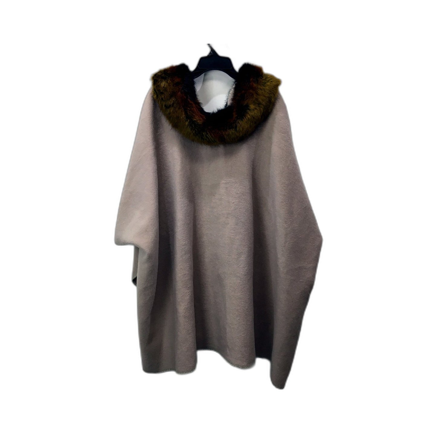 Womens Camel Cashmere Poncho with Faux Fur Collar in Beige, One Size