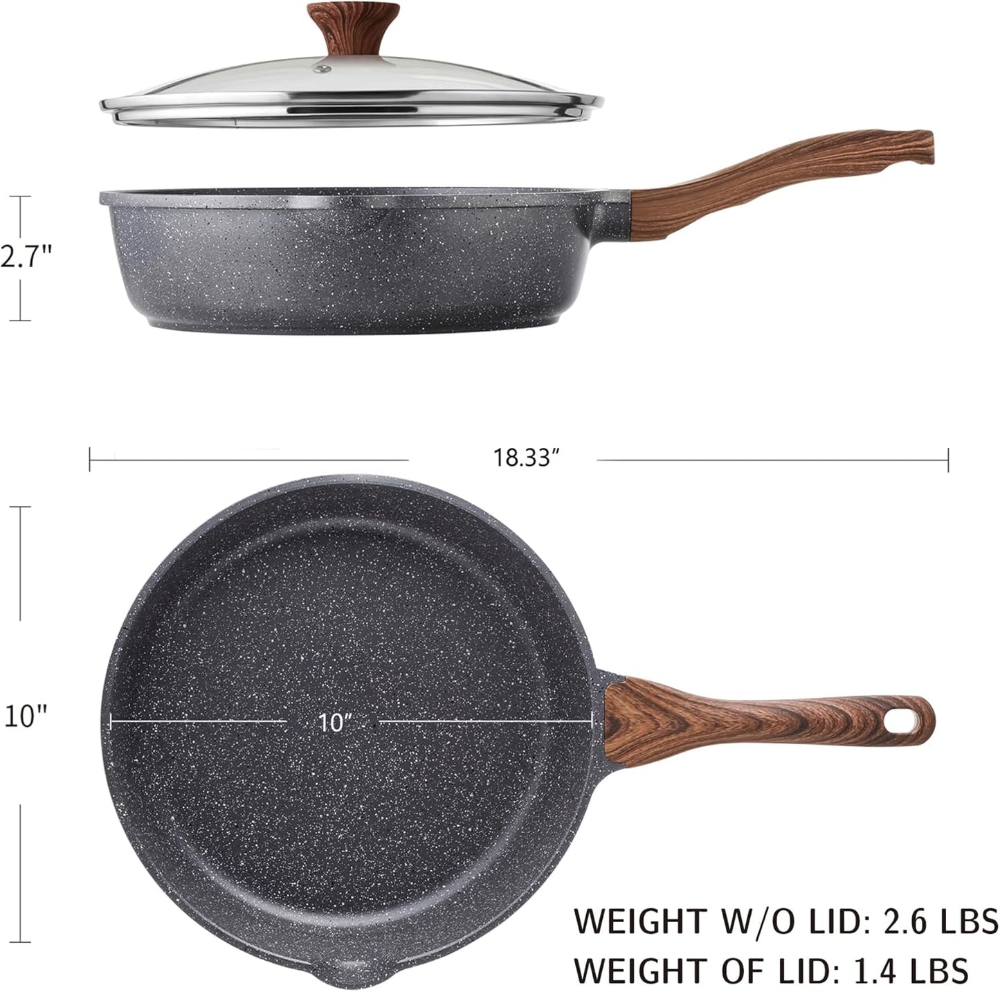 SENSARTE Nonstick Deep Frying Pan Skillet with Lid, Gray Saute Cookware Set NEW