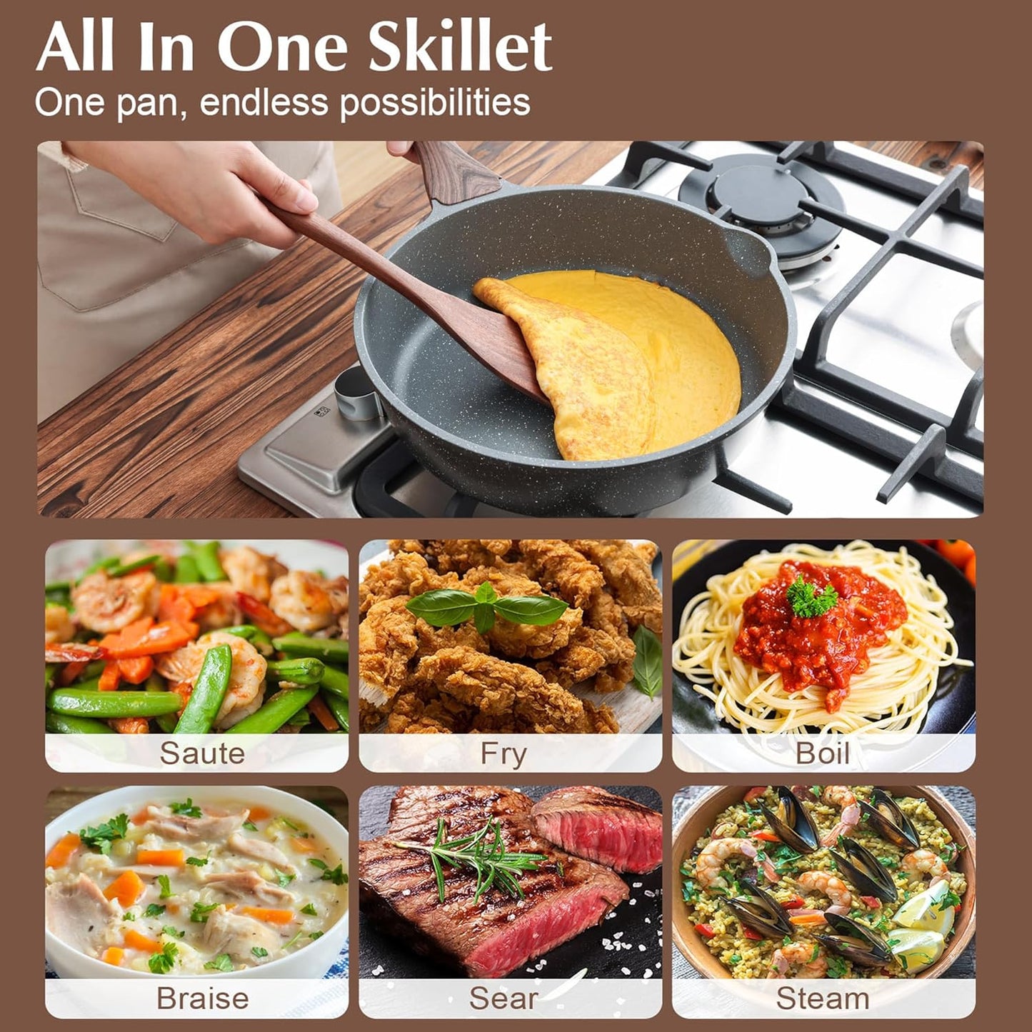 SENSARTE Nonstick Deep Frying Pan Skillet with Lid, Gray Saute Cookware Set NEW