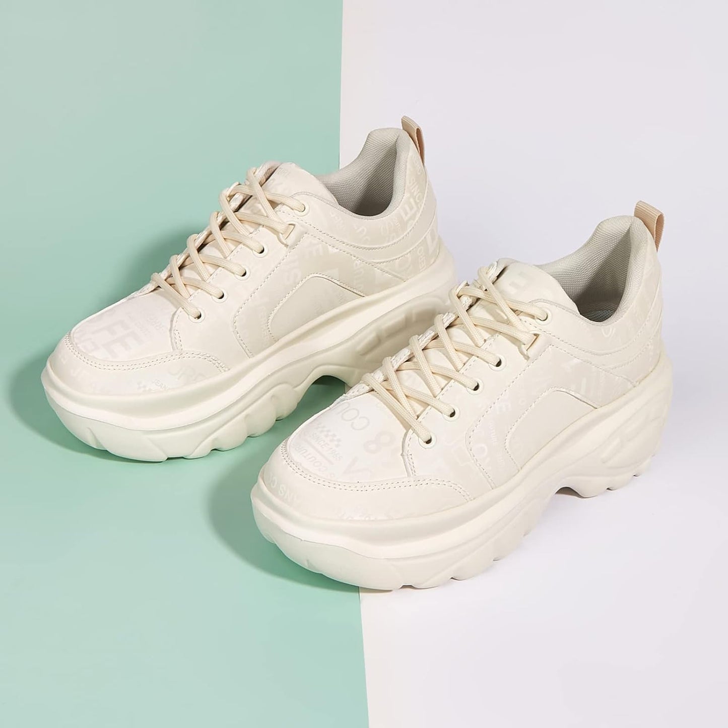 LUCKY STEP Chunky Platform Trainers Casual Lace-Up Walking Beige Ladies US10 NEW