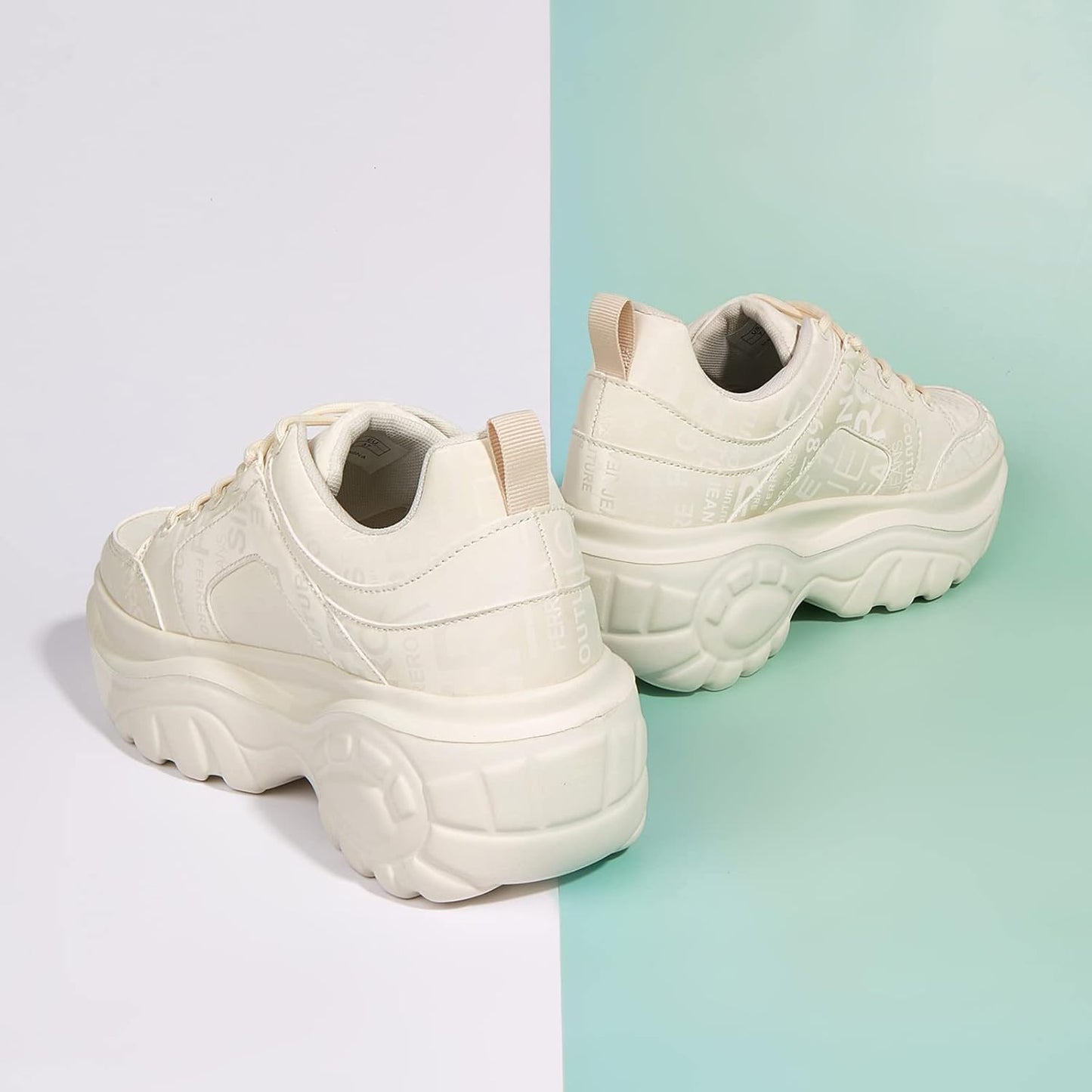 LUCKY STEP Chunky Platform Trainers Casual Lace-Up Walking Beige Ladies US10 NEW